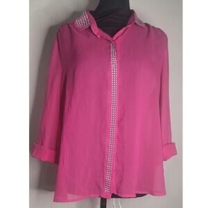Hot Pink Long-sleeve Sheer Button-down Blouse Rhinestones on Collar and Front Lg
